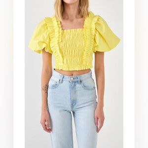 ENDLESS ROSE Smocked Puff Sleeve Top In Yellow